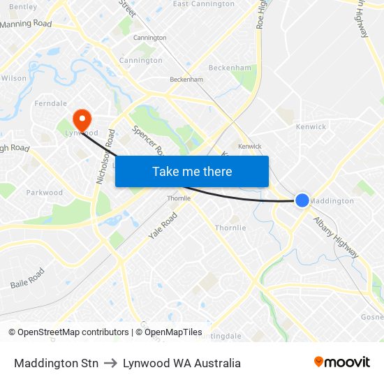 Maddington Stn to Lynwood WA Australia map