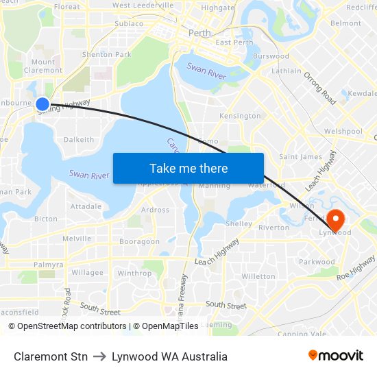 Claremont Stn to Lynwood WA Australia map