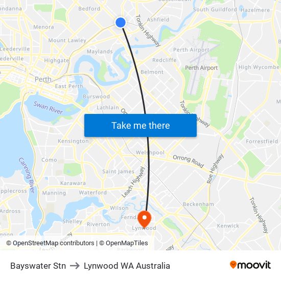 Bayswater Stn to Lynwood WA Australia map