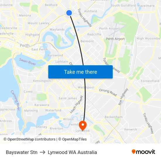 Bayswater Stn to Lynwood WA Australia map