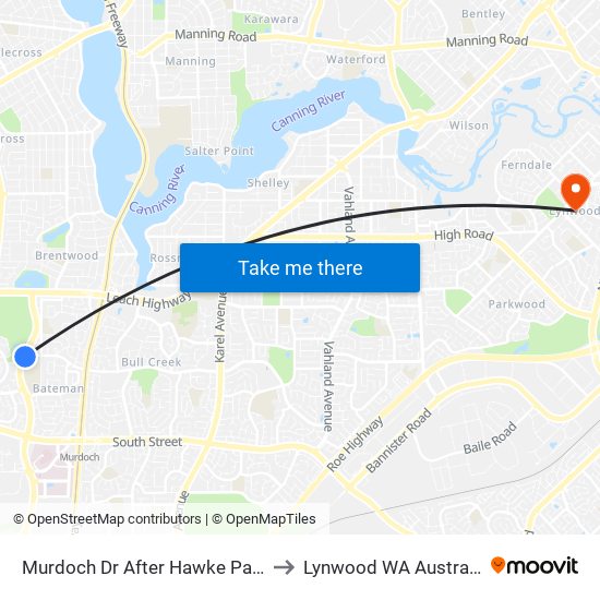 Murdoch Dr After Hawke Pass to Lynwood WA Australia map