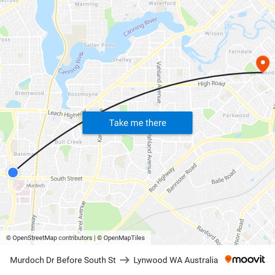 Murdoch Dr Before South St to Lynwood WA Australia map