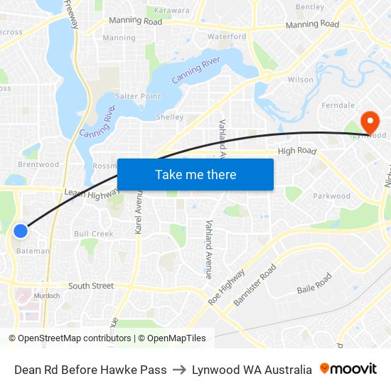 Dean Rd Before Hawke Pass to Lynwood WA Australia map