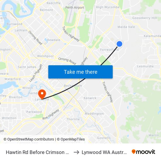 Hawtin Rd Before Crimson Bvd to Lynwood WA Australia map