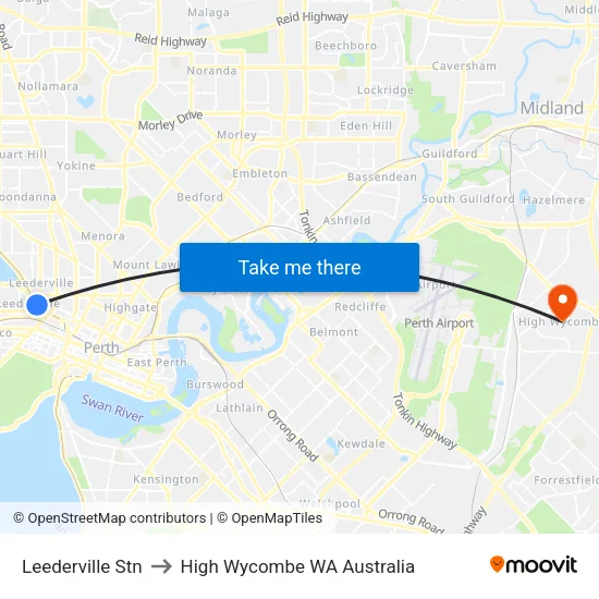 Leederville Stn to High Wycombe WA Australia map