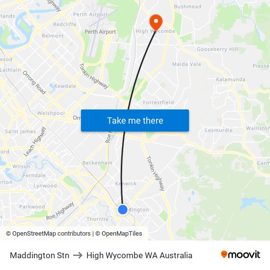 Maddington Stn to High Wycombe WA Australia map