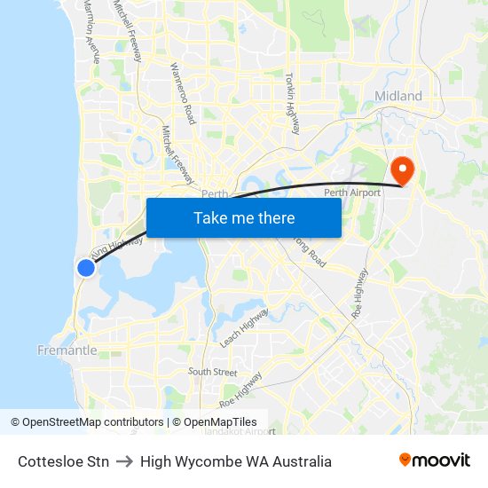 Cottesloe Stn to High Wycombe WA Australia map