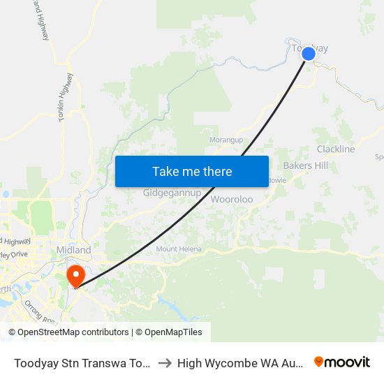 Toodyay Stn Transwa Toodyay to High Wycombe WA Australia map