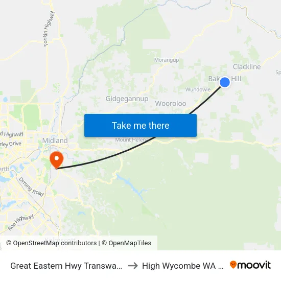 Great Eastern Hwy Transwa Bakers Hill to High Wycombe WA Australia map