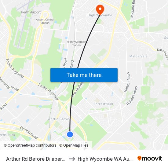 Arthur Rd Before Dilabert Lane to High Wycombe WA Australia map
