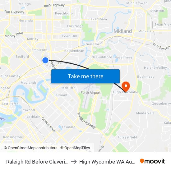 Raleigh Rd Before Clavering Rd to High Wycombe WA Australia map