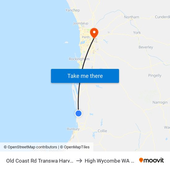 Old Coast Rd Transwa Harvey Turnoff to High Wycombe WA Australia map