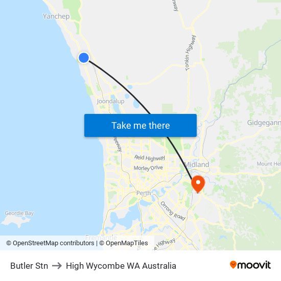 Butler Stn to High Wycombe WA Australia map