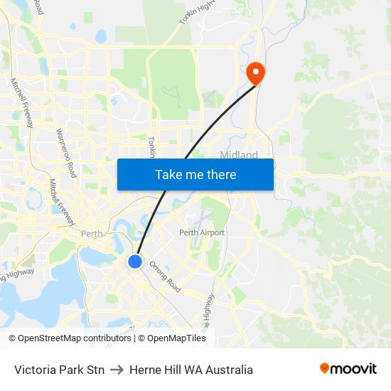 Victoria Park Stn to Herne Hill WA Australia map