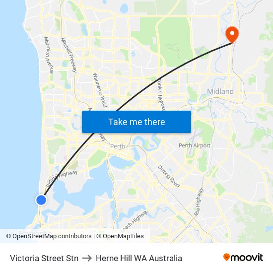 Victoria Street Stn to Herne Hill WA Australia map