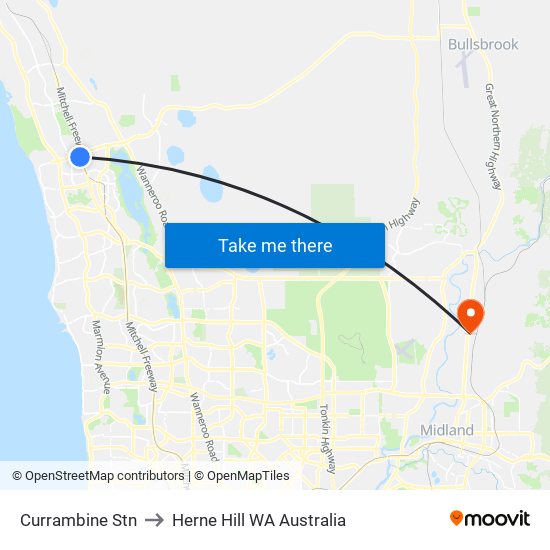 Currambine Stn to Herne Hill WA Australia map