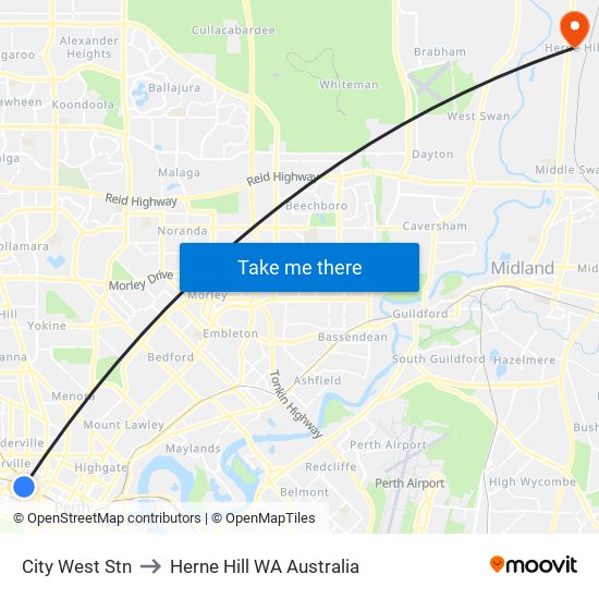 City West Stn to Herne Hill WA Australia map