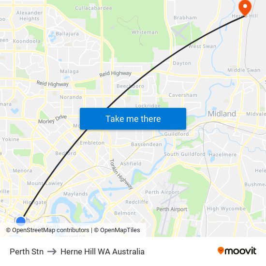 Perth Stn to Herne Hill WA Australia map