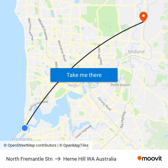 North Fremantle Stn to Herne Hill WA Australia map