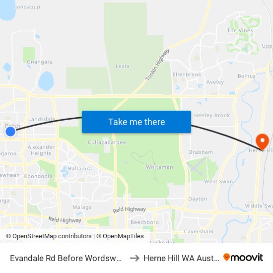 Evandale Rd Before Wordsworth Dr to Herne Hill WA Australia map