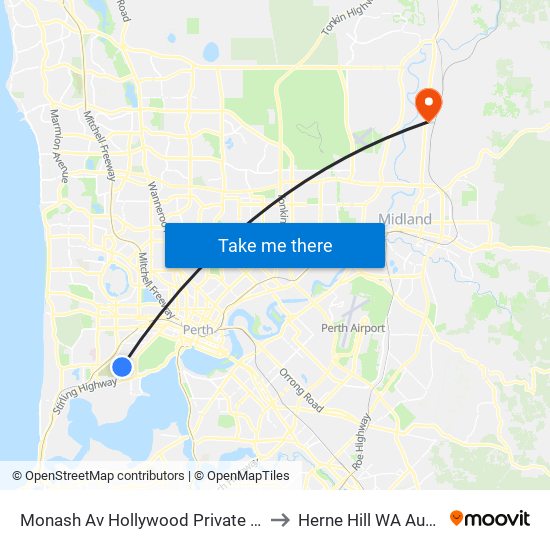Monash Av Hollywood Private Hospital to Herne Hill WA Australia map