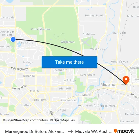 Marangaroo Dr Before Alexander Dr to Midvale WA Australia map