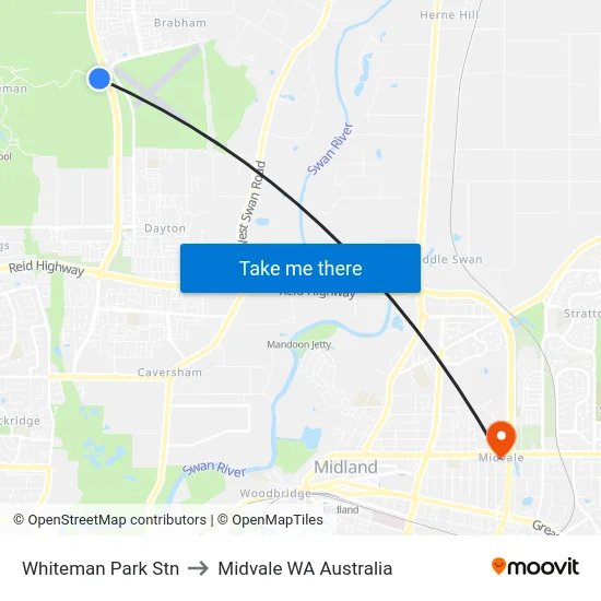 Whiteman Park Stn to Midvale WA Australia map