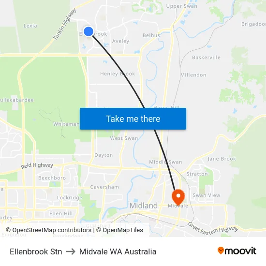 Ellenbrook Stn to Midvale WA Australia map