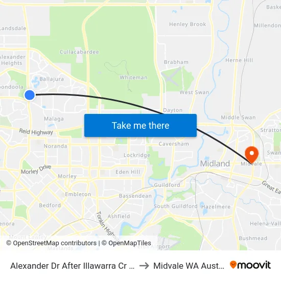 Alexander Dr After Illawarra Cr South to Midvale WA Australia map