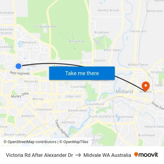 Victoria Rd After Alexander Dr to Midvale WA Australia map