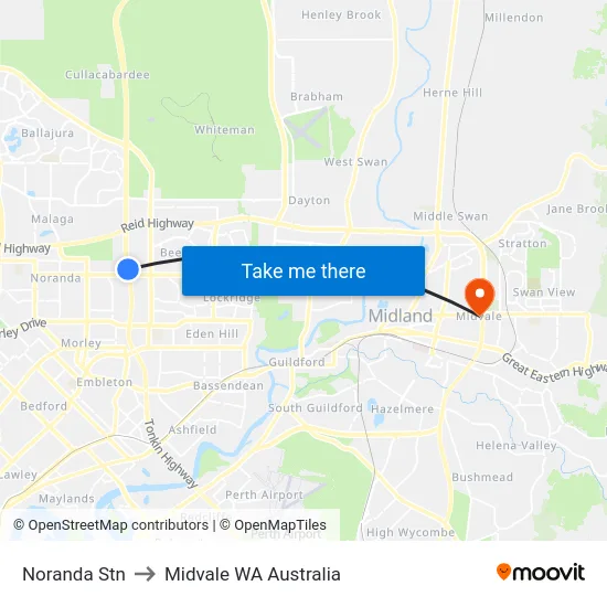 Noranda Stn to Midvale WA Australia map