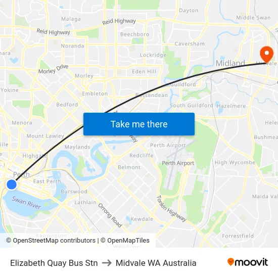 Elizabeth Quay Bus Stn to Midvale WA Australia map