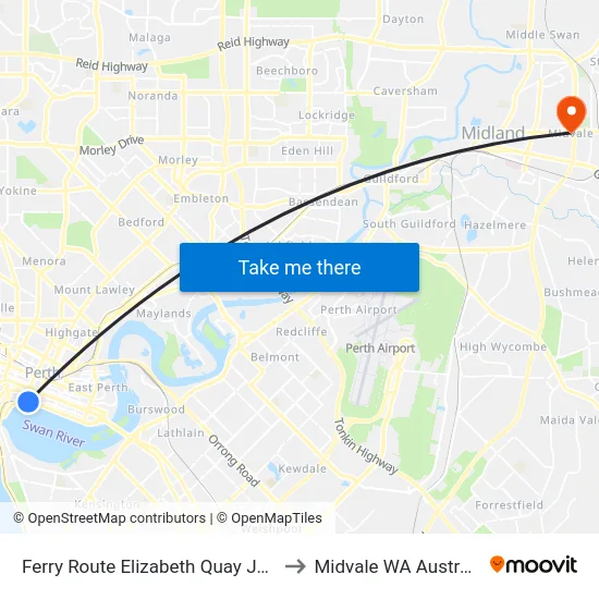 Ferry Route Elizabeth Quay Jetty to Midvale WA Australia map