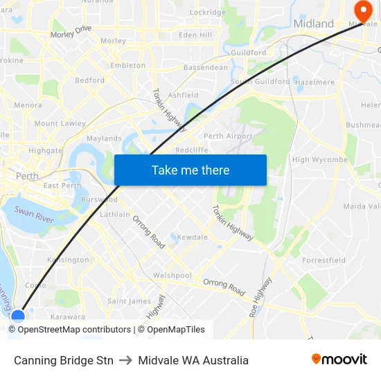 Canning Bridge Stn to Midvale WA Australia map