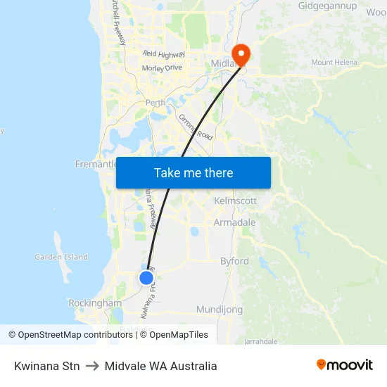 Kwinana Stn to Midvale WA Australia map