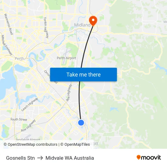 Gosnells Stn to Midvale WA Australia map