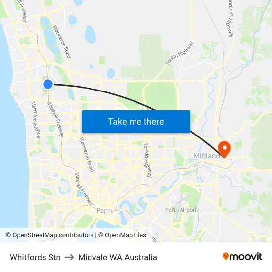 Whitfords Stn to Midvale WA Australia map