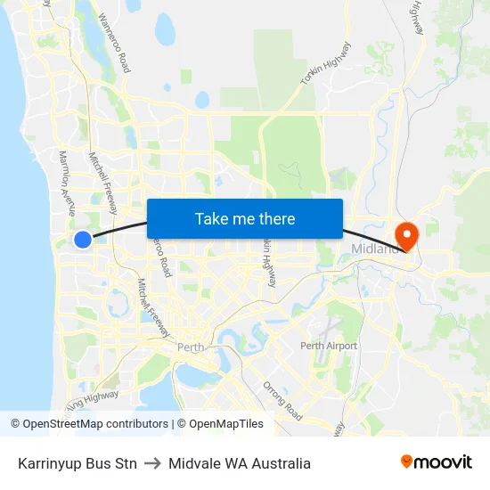 Karrinyup Bus Stn to Midvale WA Australia map
