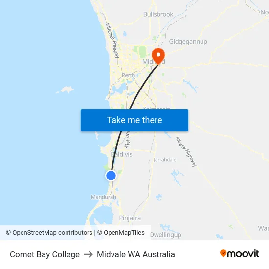 Comet Bay College to Midvale WA Australia map