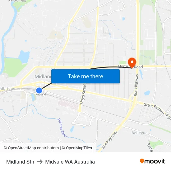 Midland Stn to Midvale WA Australia map