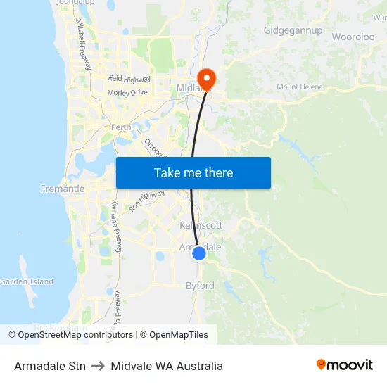 Armadale Stn to Midvale WA Australia map
