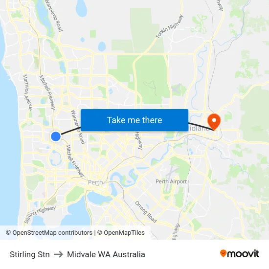 Stirling Stn to Midvale WA Australia map