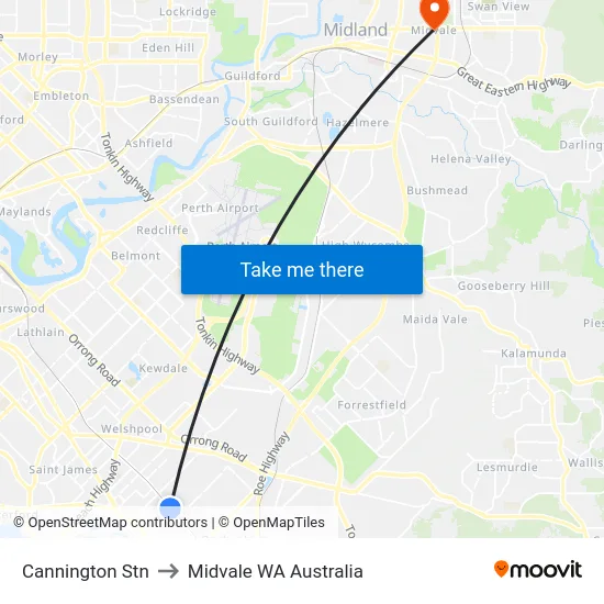 Cannington Stn to Midvale WA Australia map