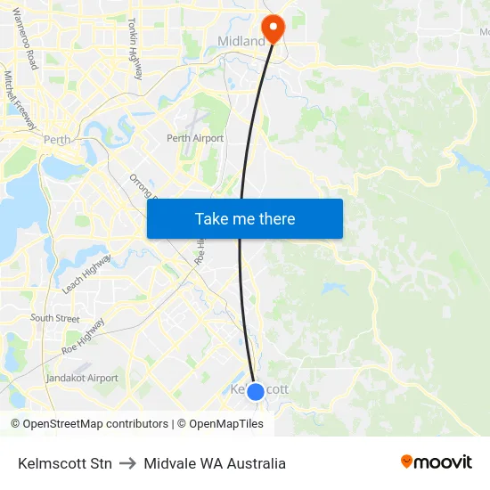 Kelmscott Stn to Midvale WA Australia map