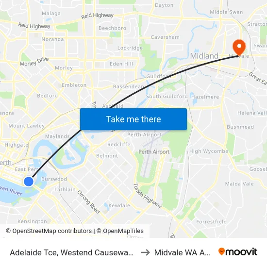 Adelaide Tce, Westend Causeway Eastbound to Midvale WA Australia map