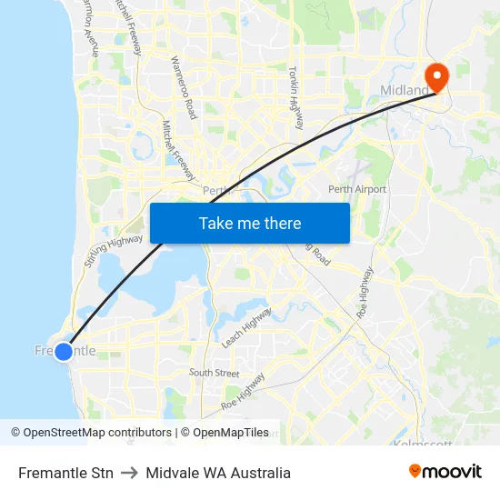 Fremantle Stn to Midvale WA Australia map