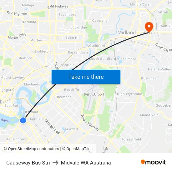 Causeway Bus Stn to Midvale WA Australia map