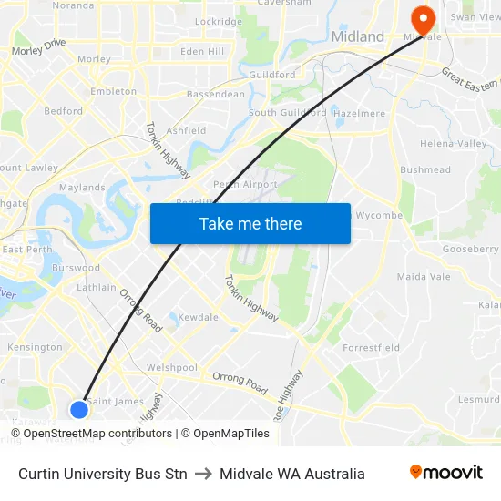 Curtin University Bus Stn to Midvale WA Australia map