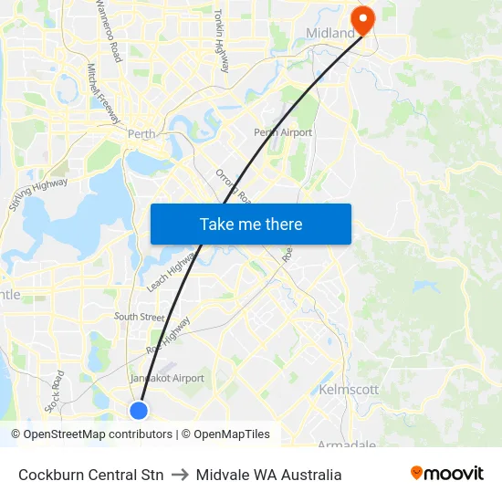 Cockburn Central Stn to Midvale WA Australia map