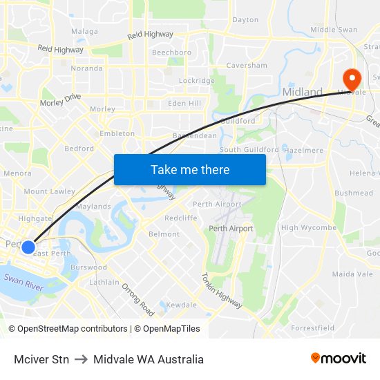 Mciver Stn to Midvale WA Australia map